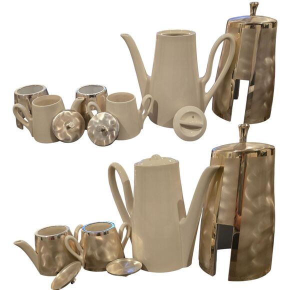 Vintage Champagne Gold Insulated Covered Ceramic Coffee Tea Set MCM - Picture 2 of 7